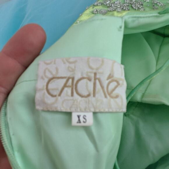 Vintage Cache Prom Dress Maxi Ball Gown XS Green Fairy Princess Y2K Corset Bead - Picture 8 of 15